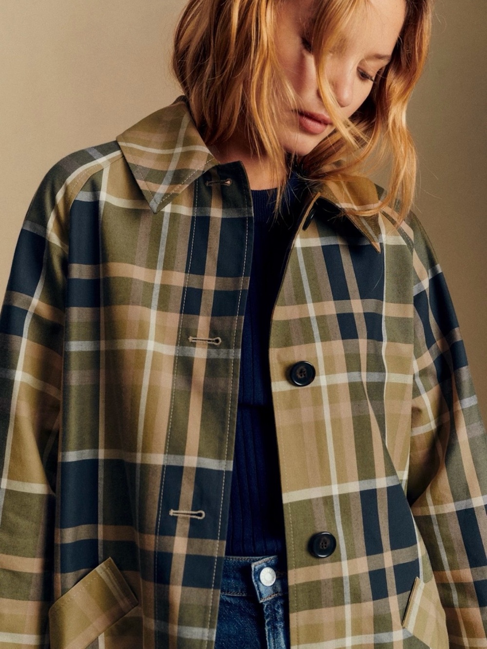 Sézane Clyde Coat Beige + Moss Check Trench Coat - Picture 2 of 4